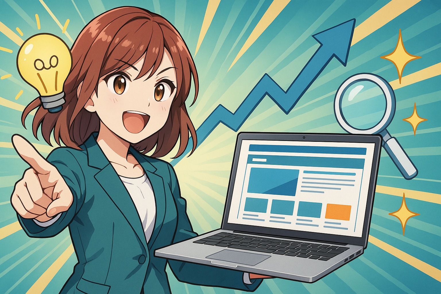 もう迷わない！AIが導く“集客できるホームページ”のつくり方とは？　アニメ風イメージ横長サイズ　文字無し